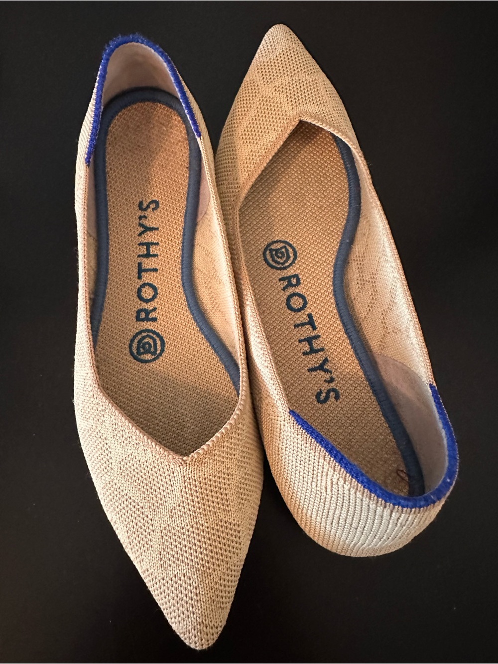 Rothy's Pointed Toe Knit Flats in Beige with Blue Trim